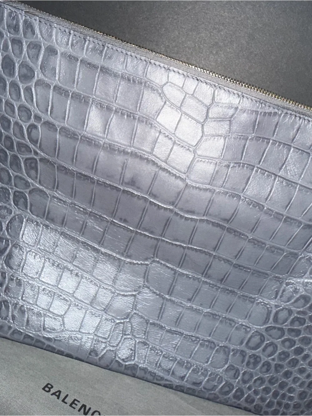 Balenciaga Croc-Embossed Leather Pouch in Slate Gray with Gold Hardware Auth COA
